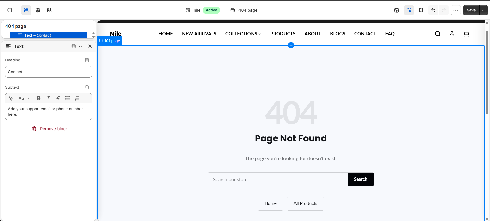 404 Page section settings - heading, message and button