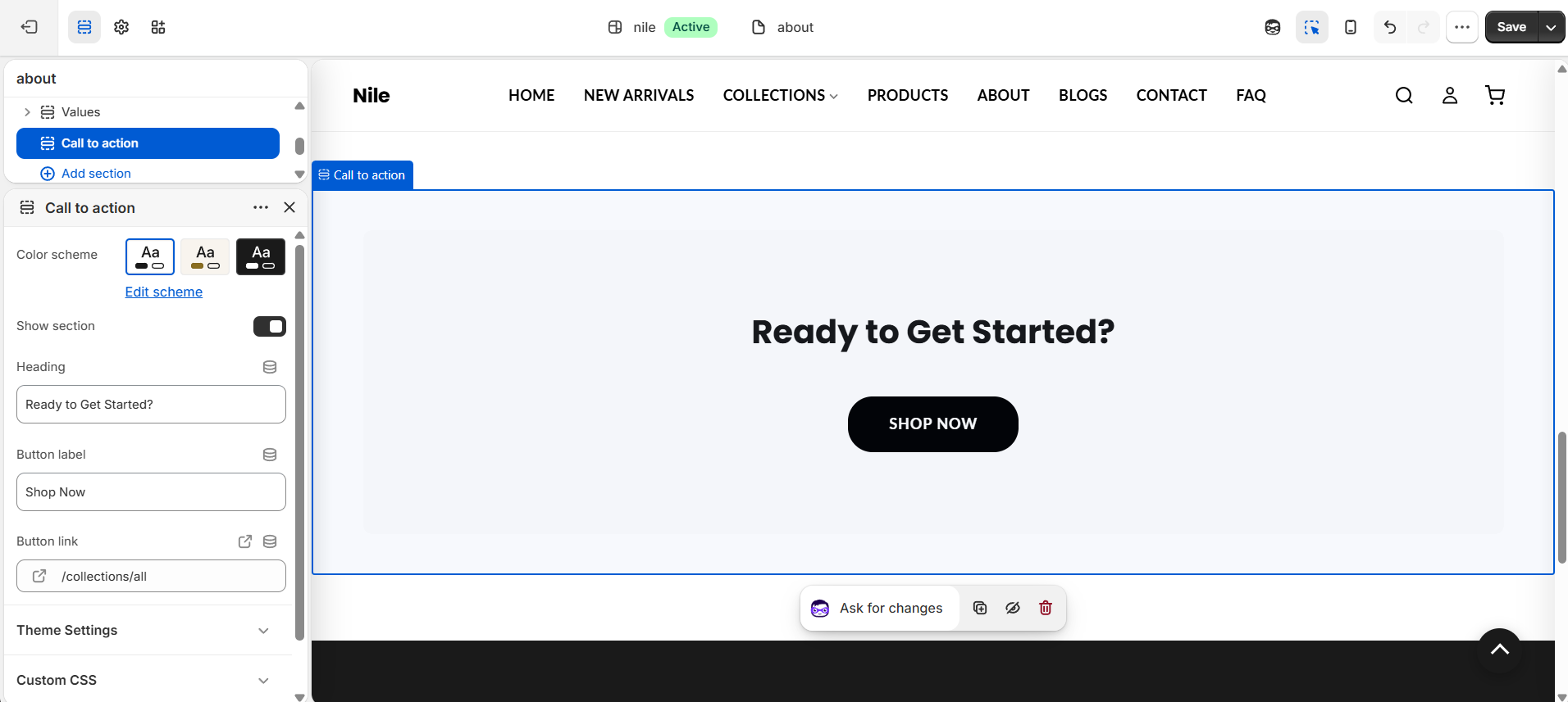 Call to Action section settings - heading, button label and button link