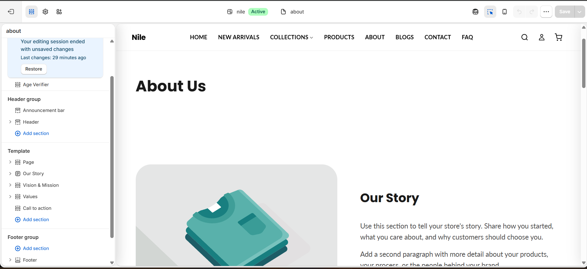 About page template in the theme editor - the stack of sections that make up the page