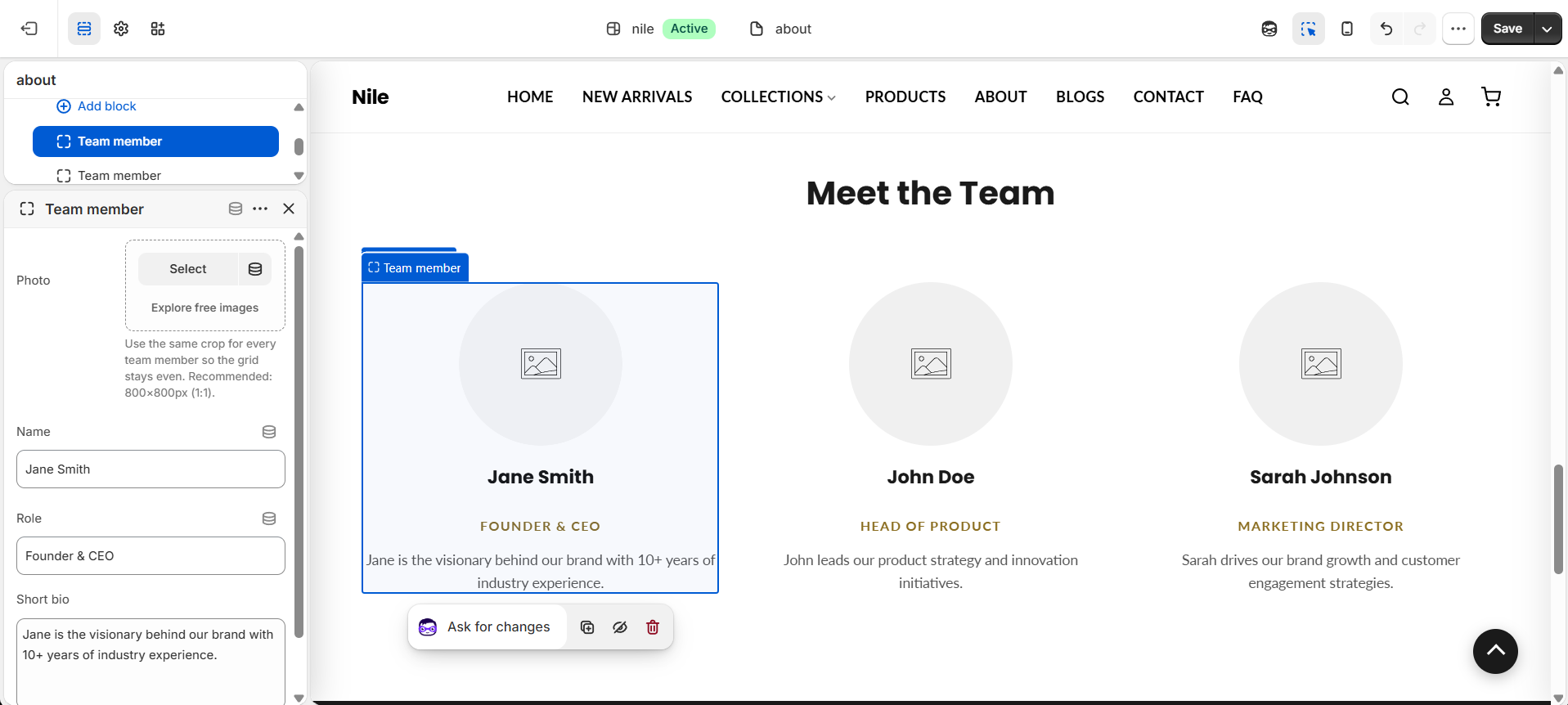 Team member block - photo, name, role and short bio