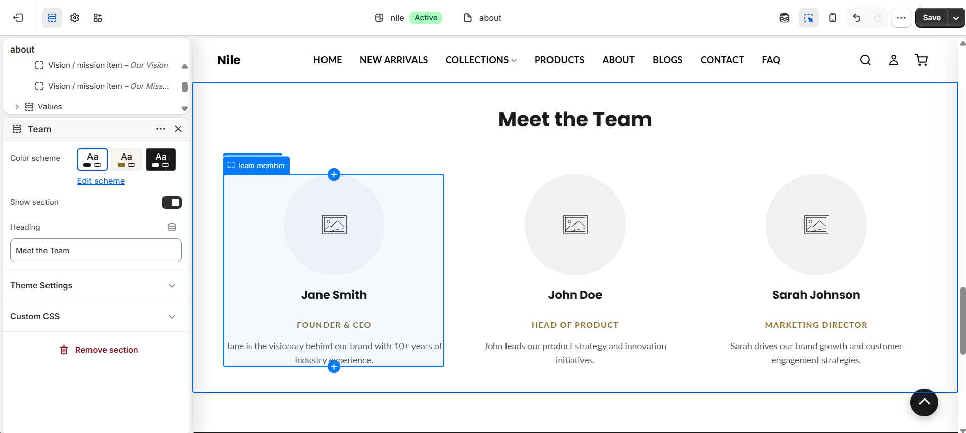 Team section settings - heading and show section (people are built from Team member blocks below)