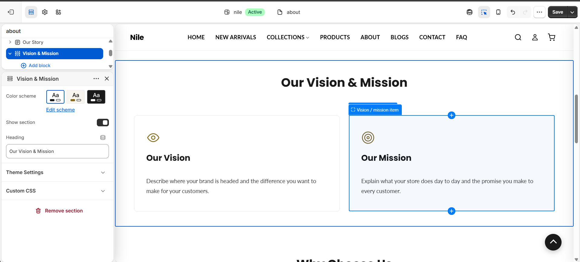 Vision & Mission section settings - heading and show section (cards are built from Item blocks below)