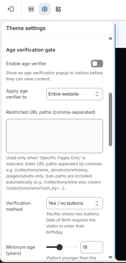 Theme settings → Age verifier - enable, scope, method, minimum age, modal content and colors