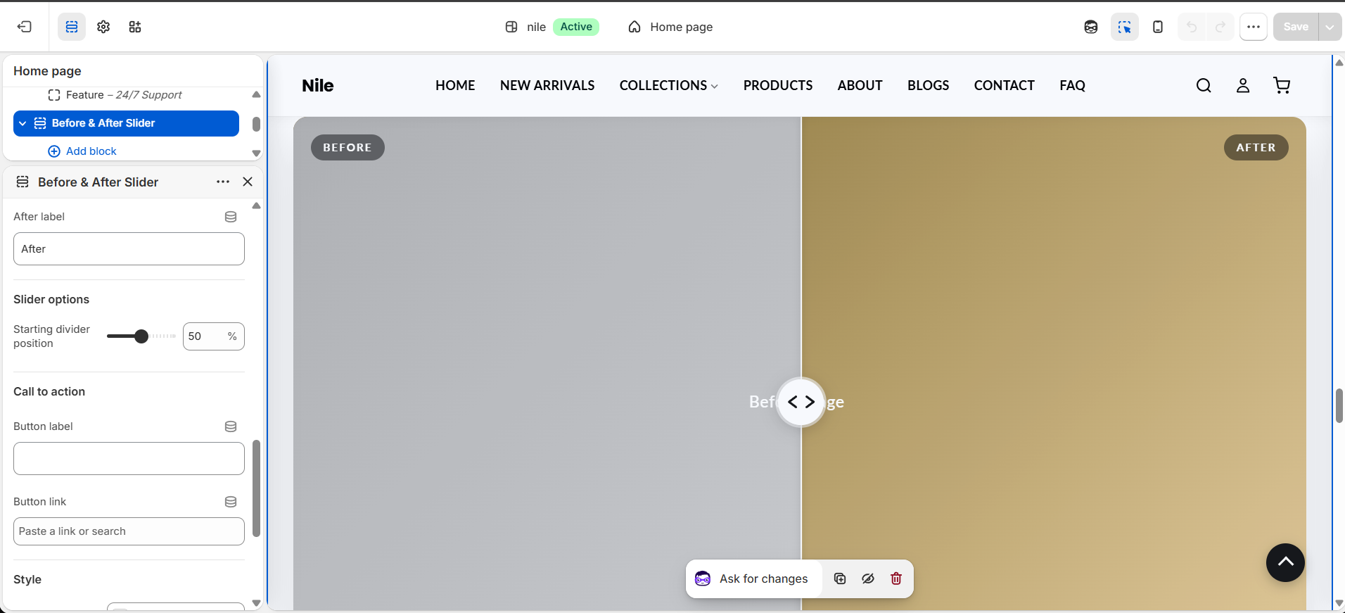 Before & After Slider settings (2 of 2) - slider options, call to action and style