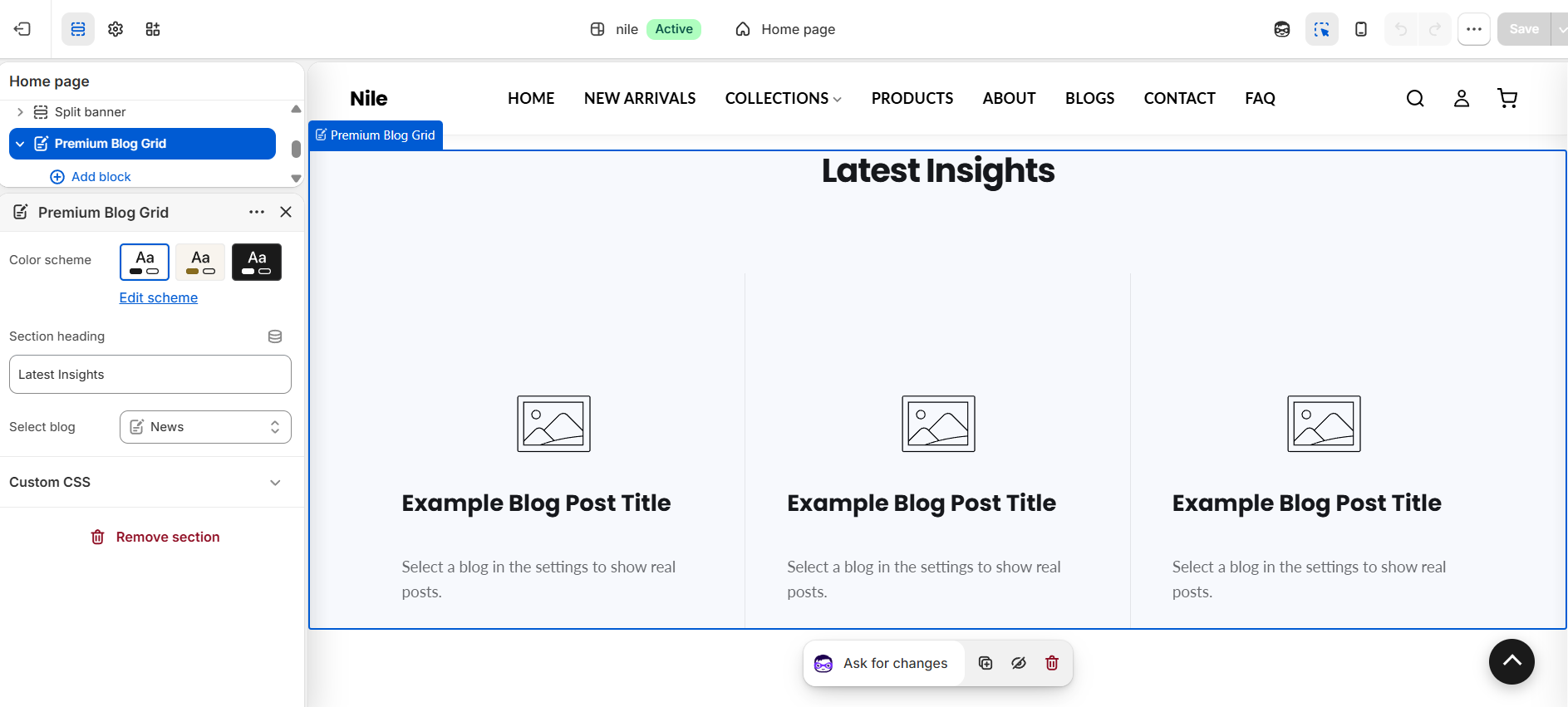 Premium Blog Grid section settings - heading, blog picker and color scheme
