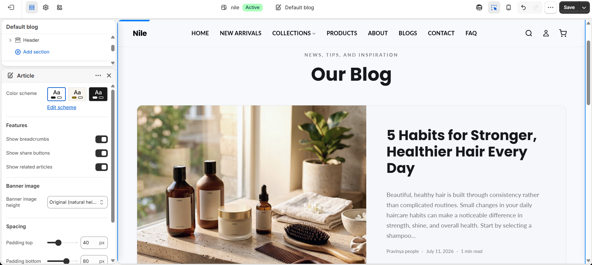 Blog Posts section in the theme editor - heading, articles per page, and padding settings