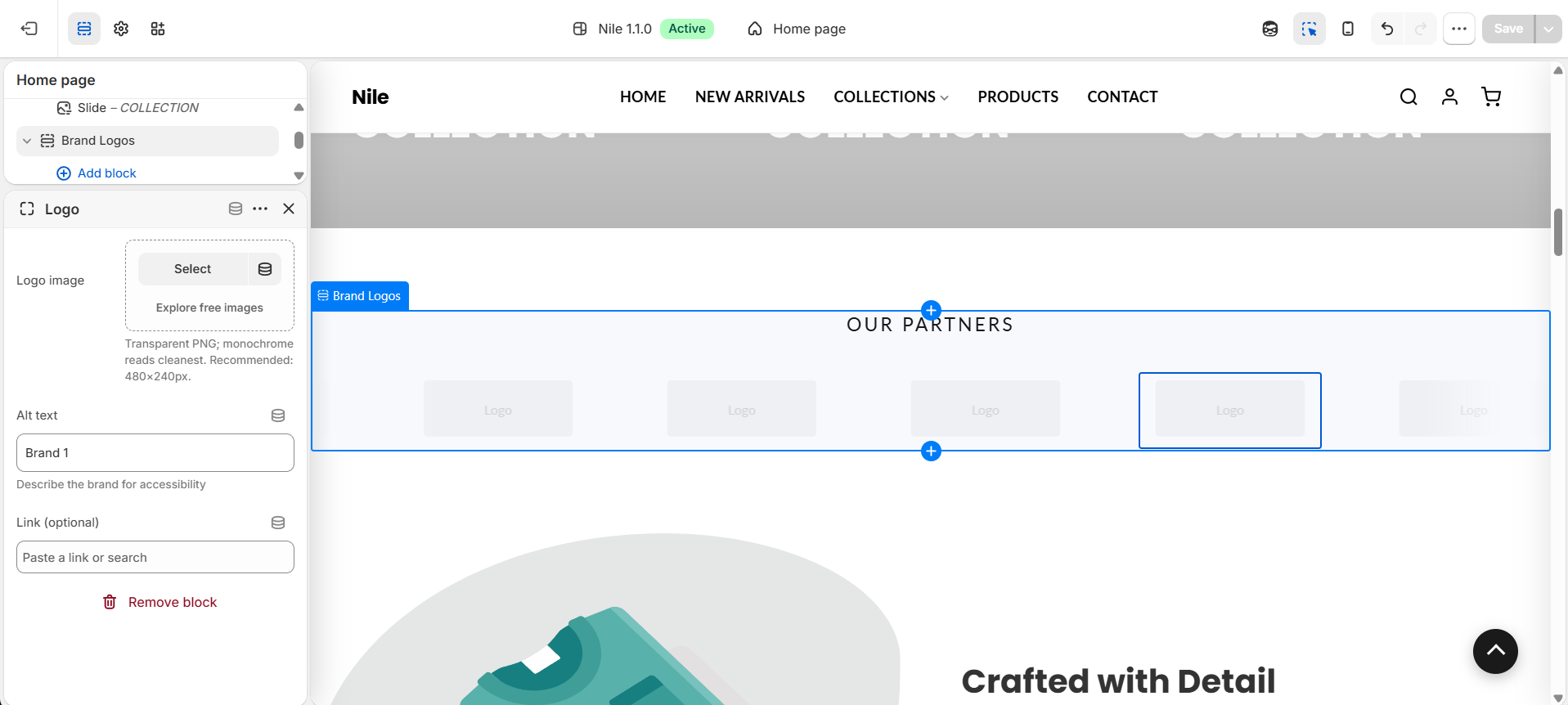 Logo block - logo image, alt text and optional link