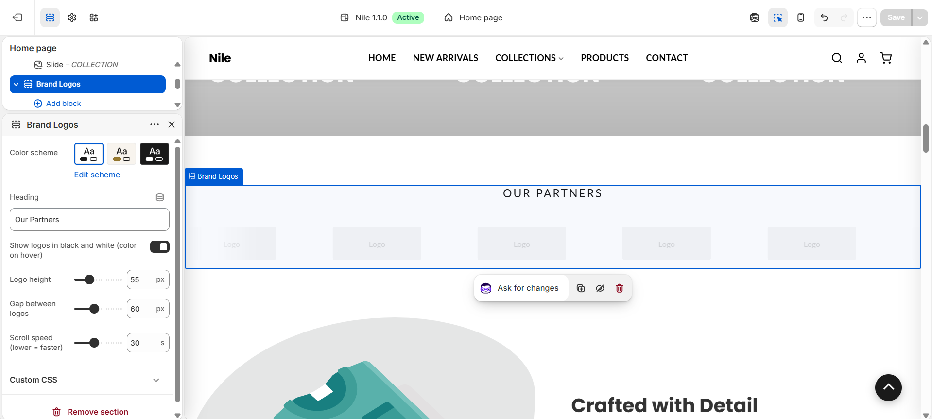 Brand Logos section settings - heading, grayscale, logo height, gap and scroll speed