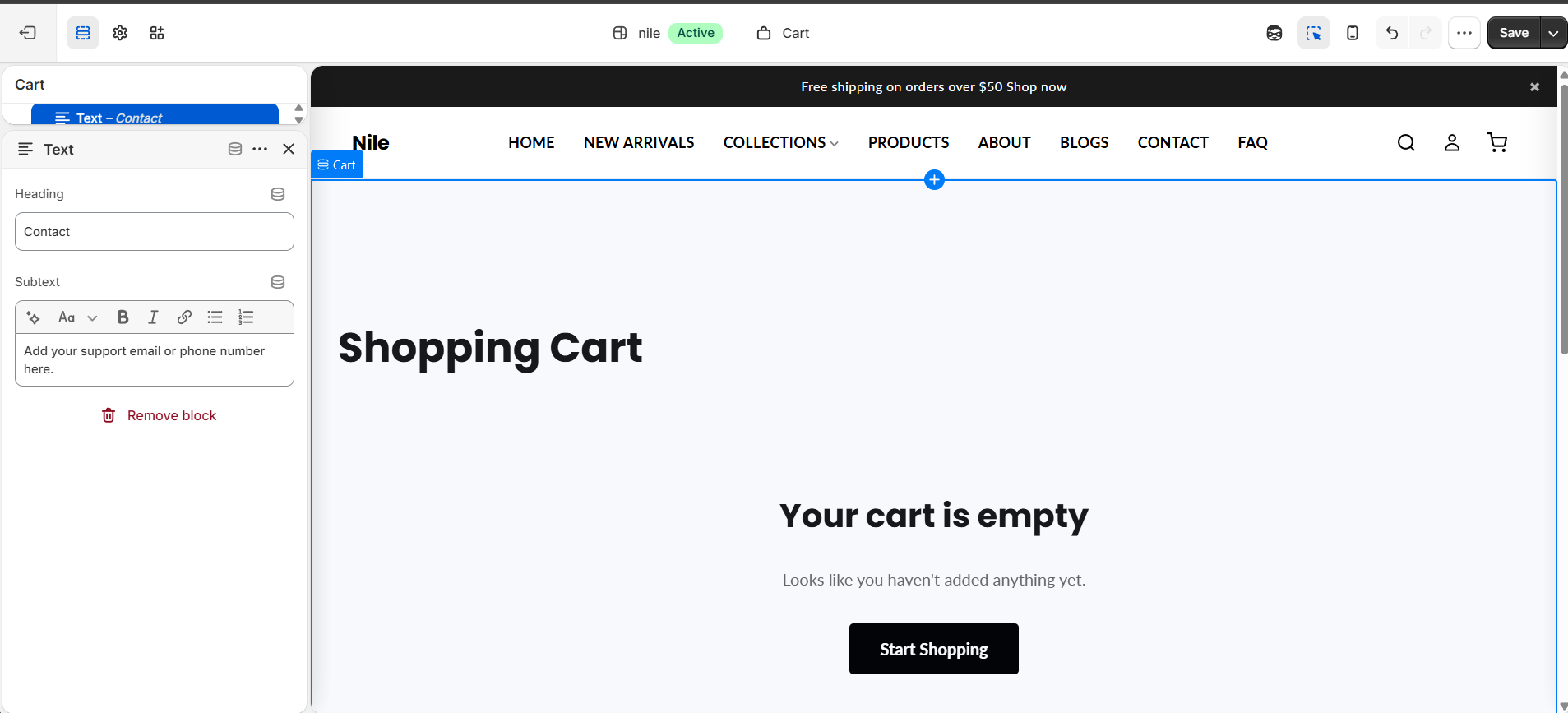 Cart main section in the theme editor - line items, order summary, and checkout options