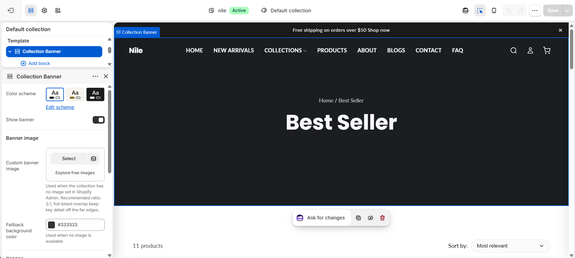 Collection Banner section settings - image, height, overlay, alignment, breadcrumbs and description