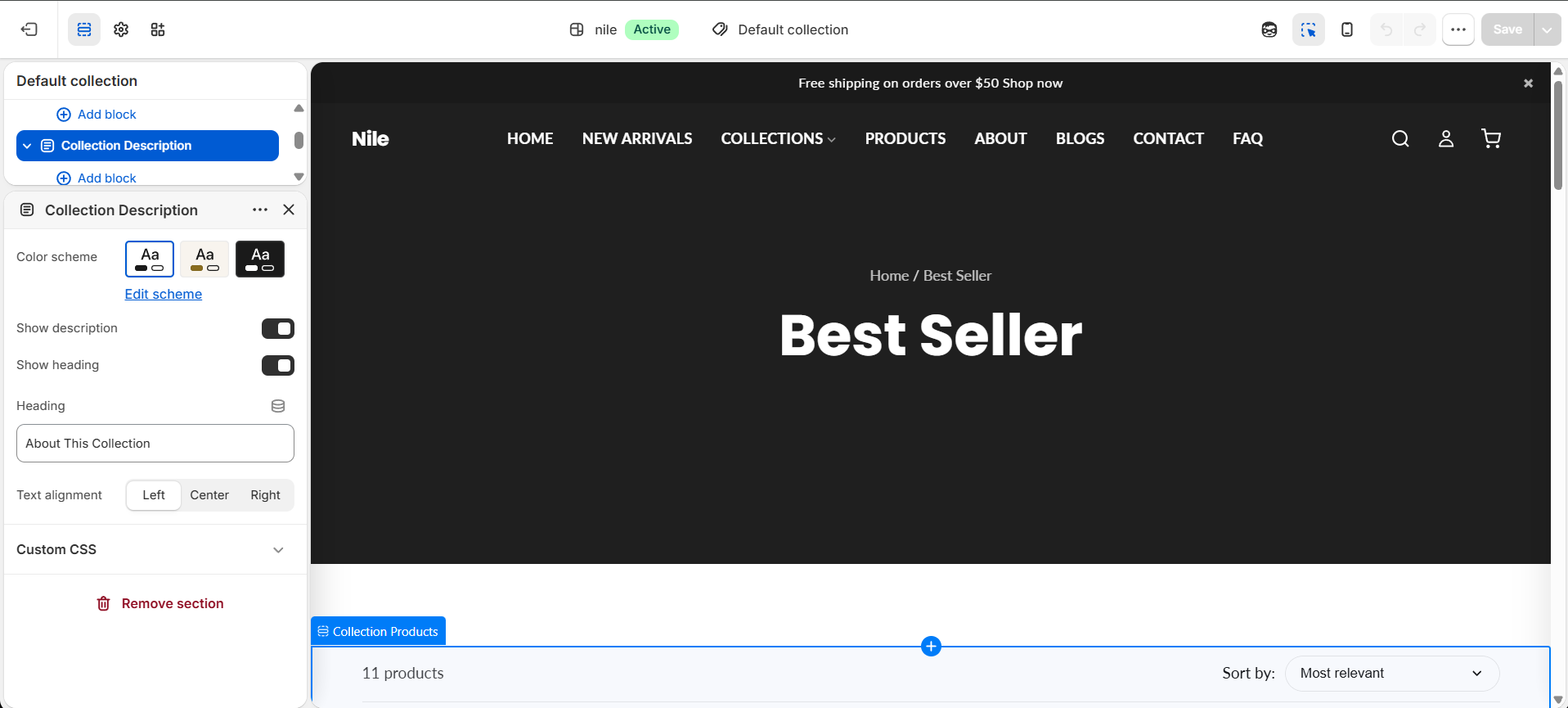 Collection Description section settings - show description, heading and text alignment