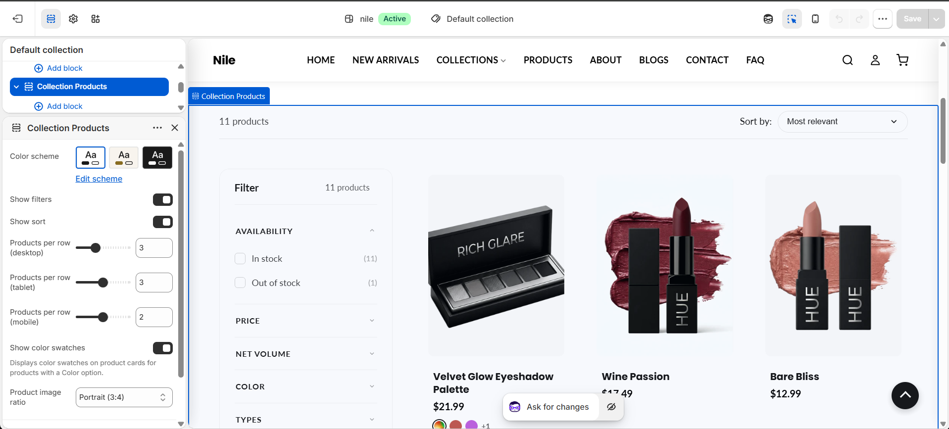 Collection Products section settings - grid layout, filters, sorting and product count