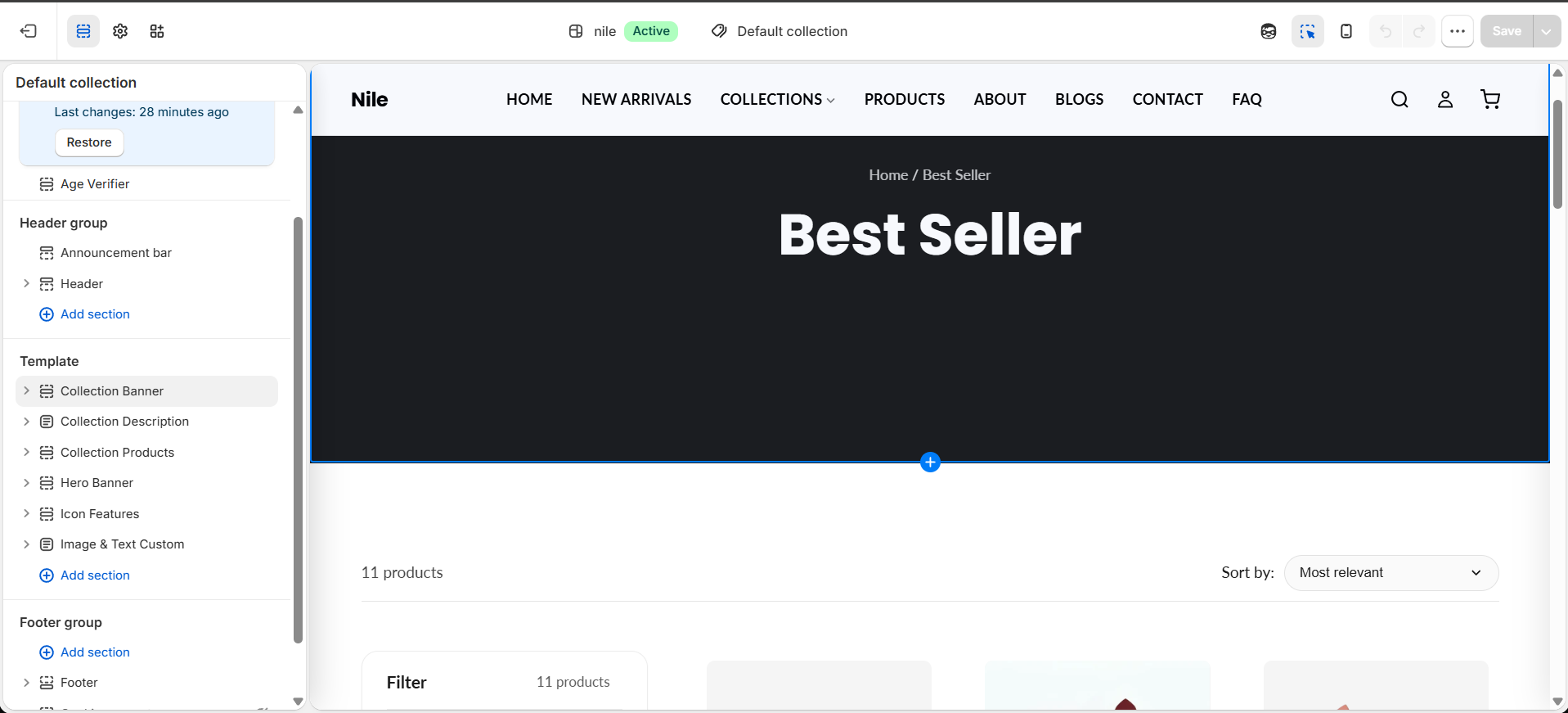 Collection page template in the theme editor - banner, description, products, plus optional hero/icon/image sections