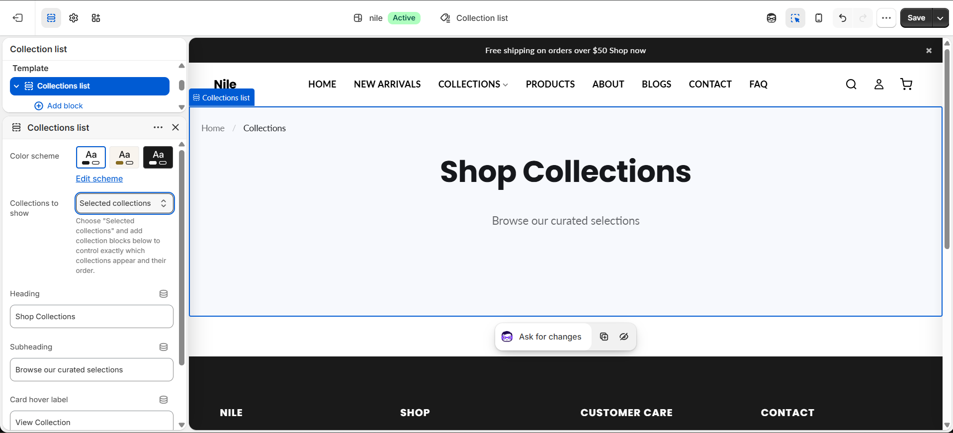 Collections list section in the theme editor - grid heading, source, and card settings