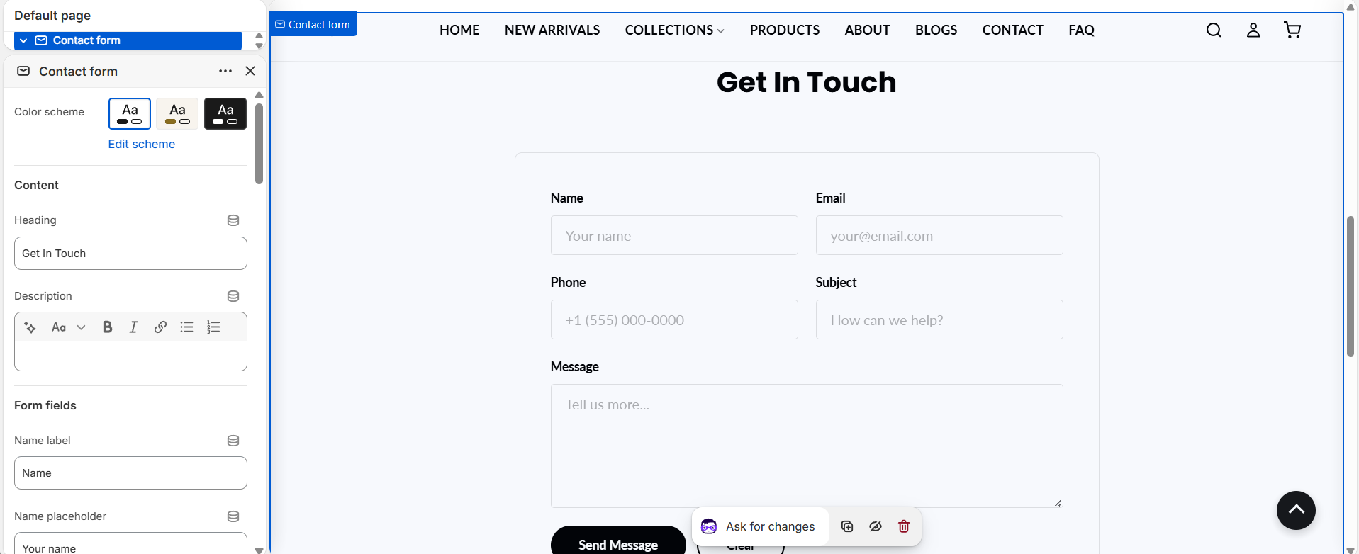 Contact Form settings (1 of 3) - heading, description and field labels/placeholders