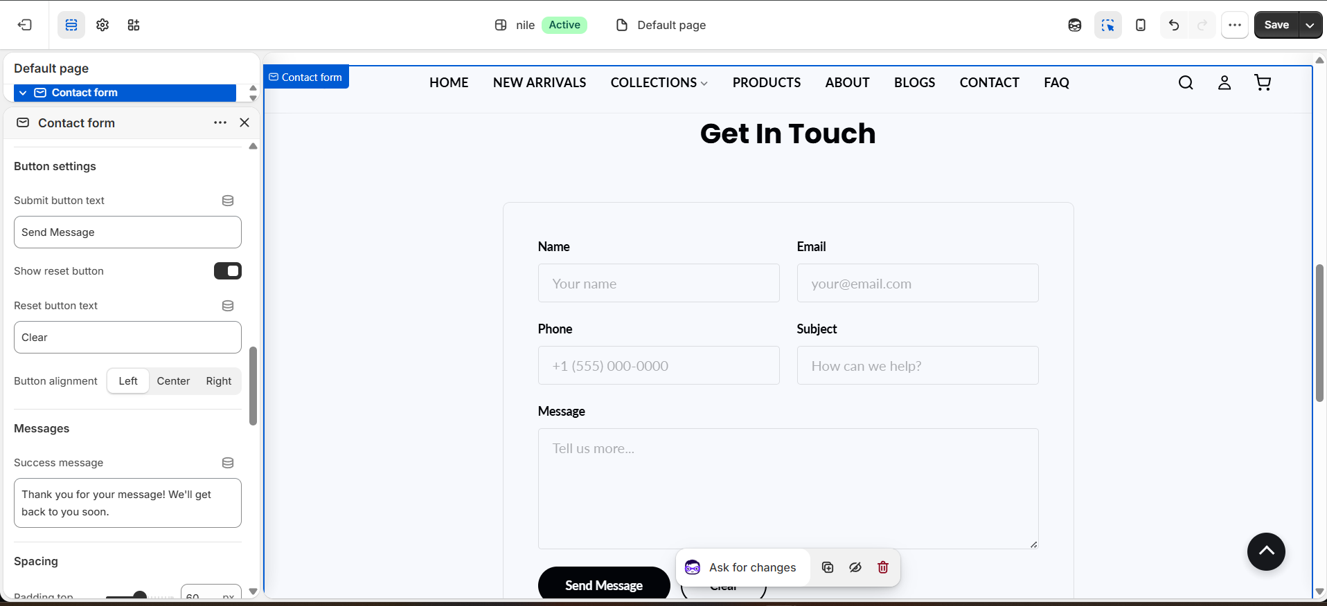Contact Form settings (2 of 3) - optional fields, button text and alignment