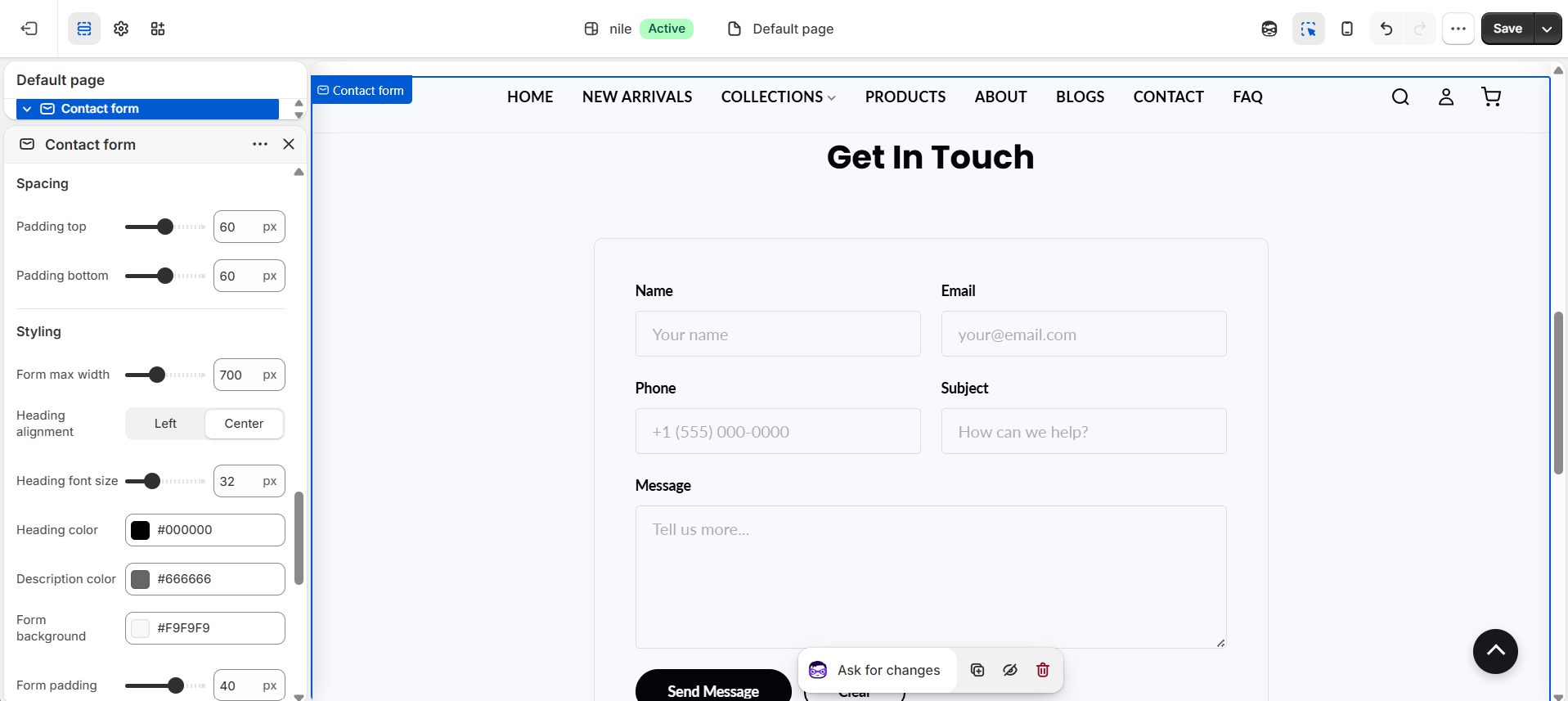 Contact Form settings (3 of 3) - colors, spacing and typography
