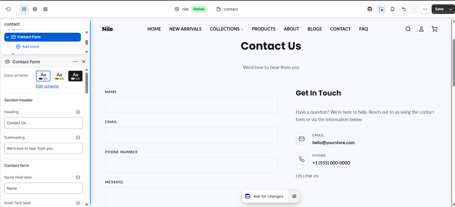 Contact Form section in the theme editor - form fields, contact info, and map settings