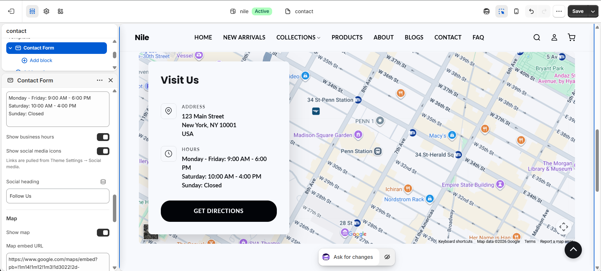 Contact page settings (2 of 2) - contact details, social links, map and business hours