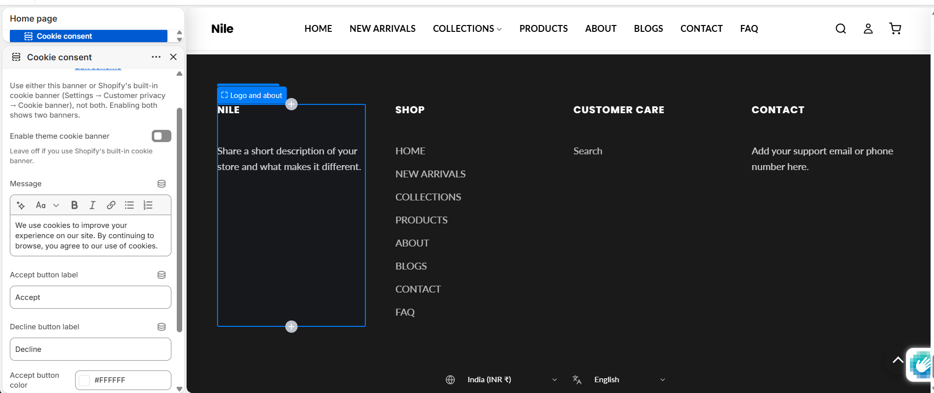 Cookie consent section settings - enable toggle, message, button labels and button colors