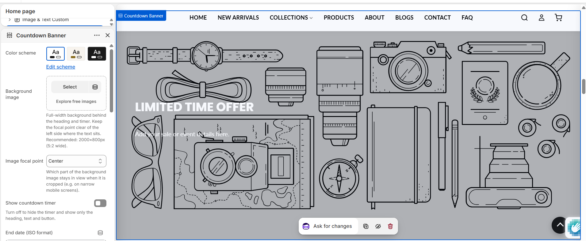 Countdown Banner settings (1 of 3) - color scheme, background image and the show-countdown toggle