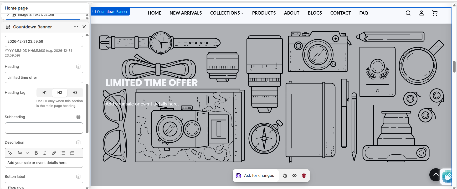 Countdown Banner settings (2 of 3) - end date, heading, subheading, description and button