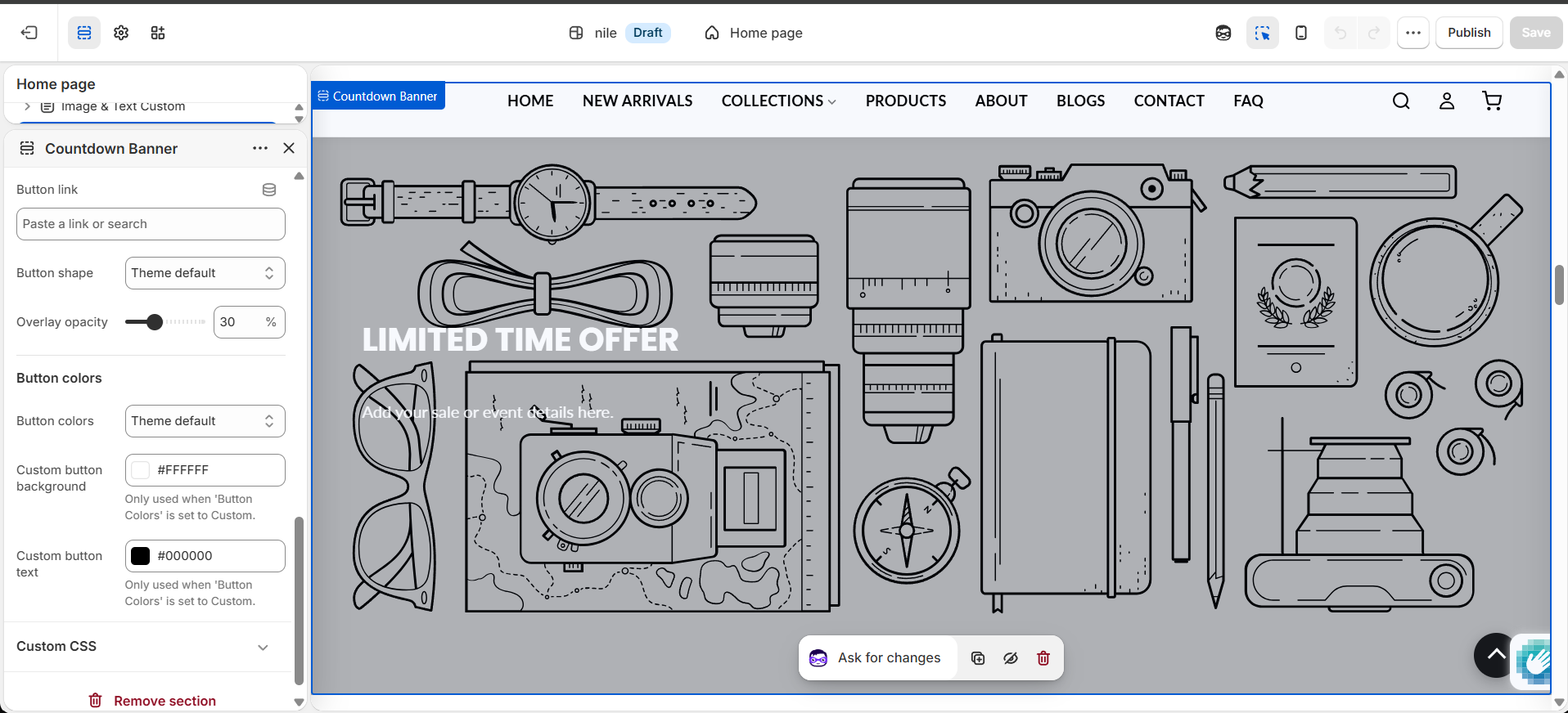 Countdown Banner settings (3 of 3) - button shape, overlay opacity and custom button colors