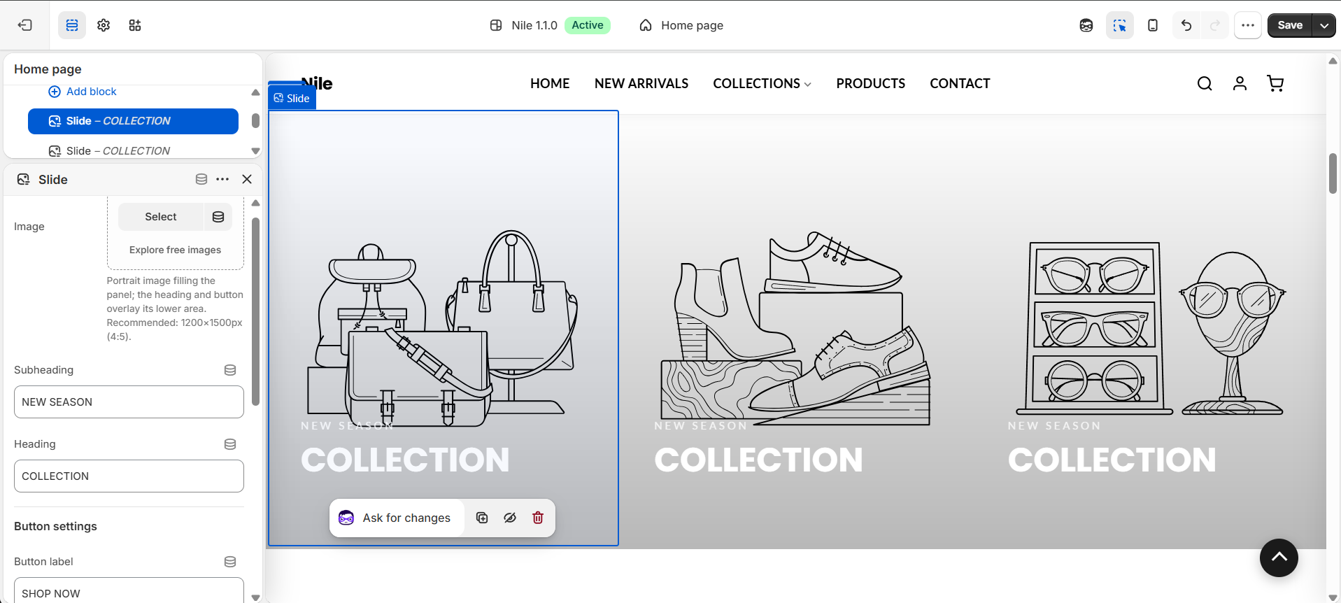 Slide block - image, subheading, heading and button for one panel