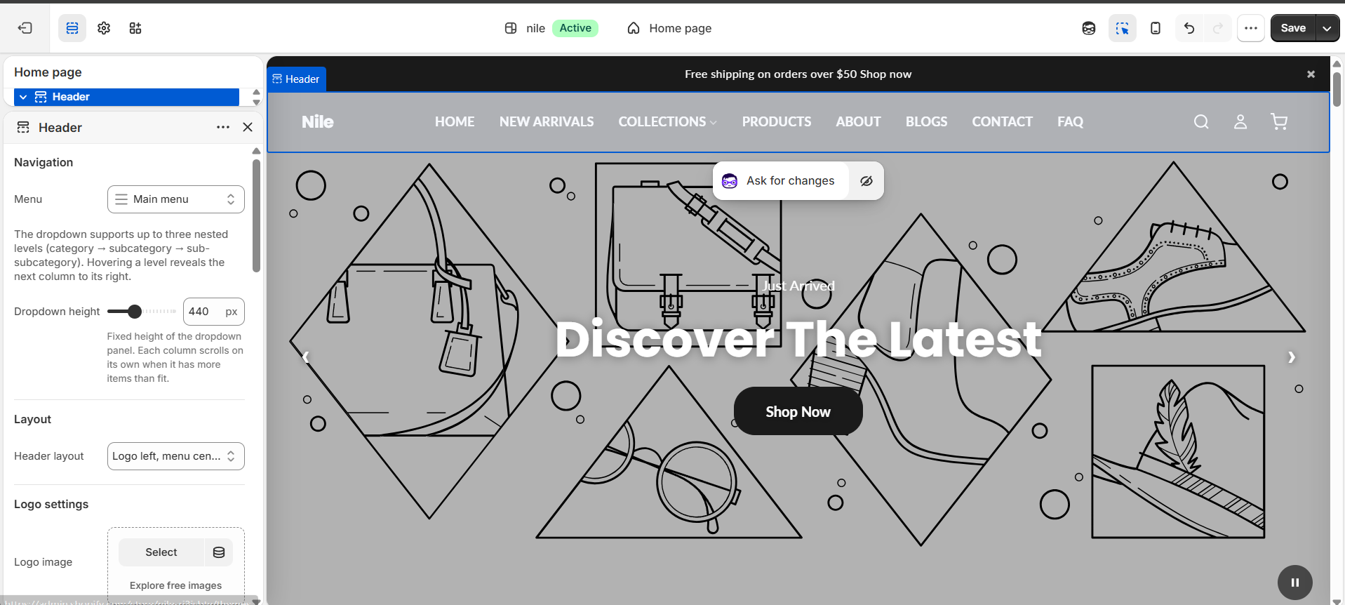 Header settings (1 of 3) - Navigation (menu, mega menu height) and Layout