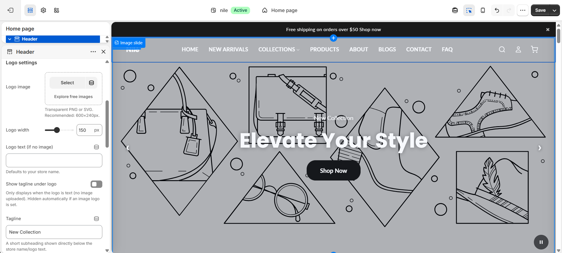 Header settings (2 of 3) - Logo settings (logo, width, logo text and tagline)