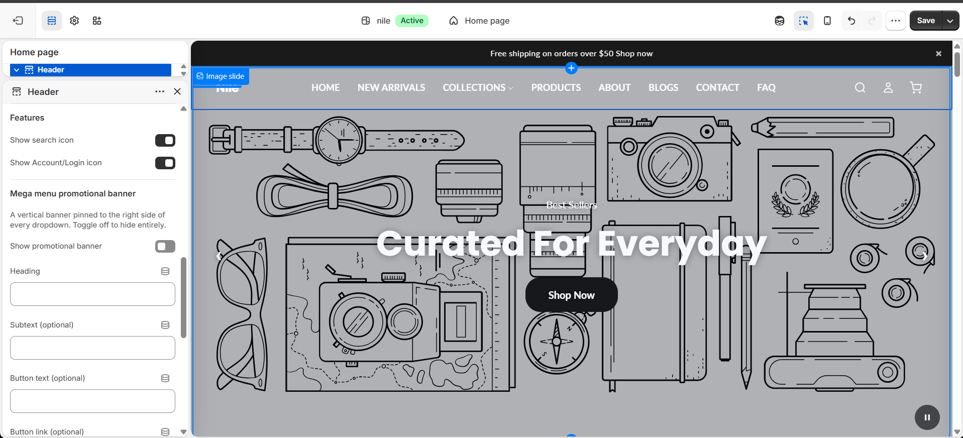 Header settings (3 of 3) - Features (search, account) and the Mega menu promotional banner