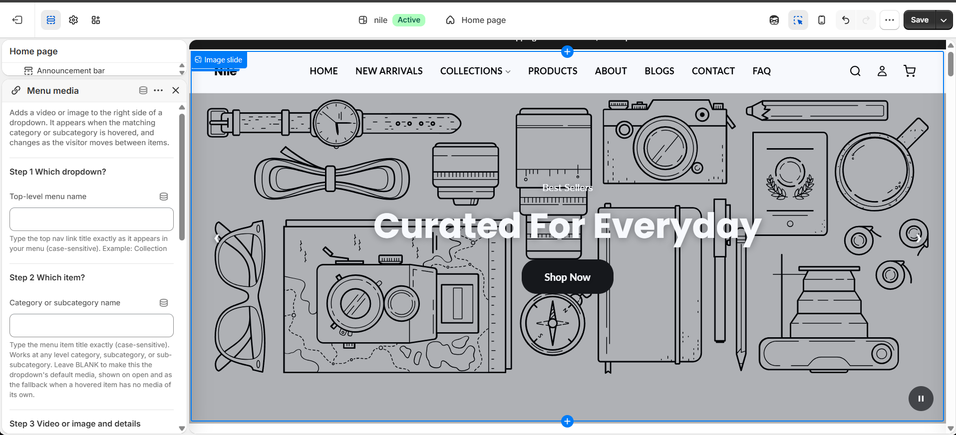 Menu media block - top-level menu name, category name, video/image, caption, badge and link