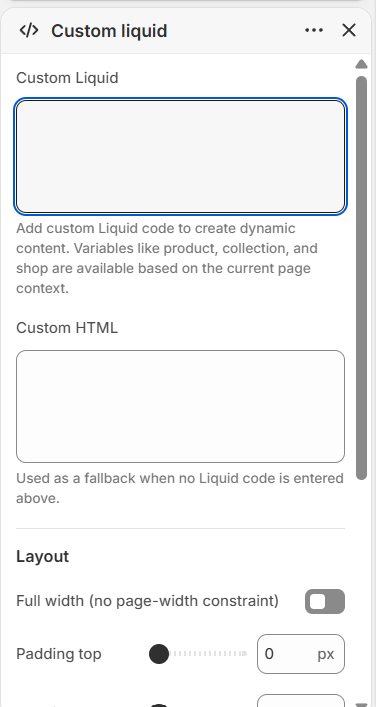 Custom Liquid section settings - Liquid code, HTML fallback and spacing