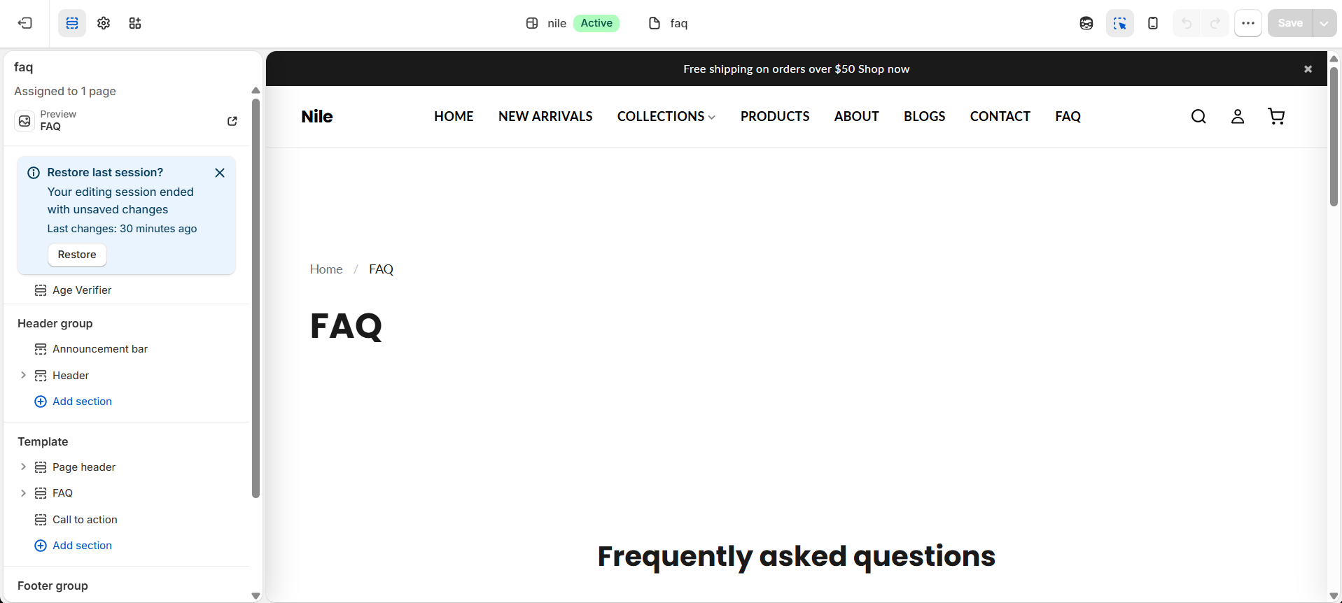 FAQ page template in the theme editor - page header, accordion and call to action
