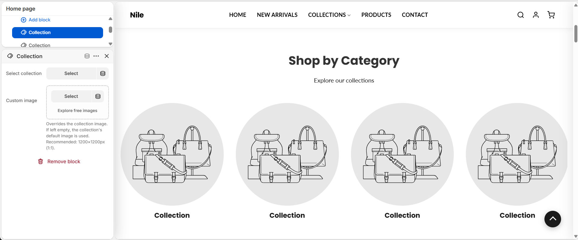 Collection block - pick the collection and set an optional custom image