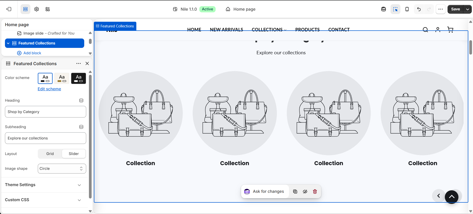 Featured Collections section settings - heading, layout and image shape