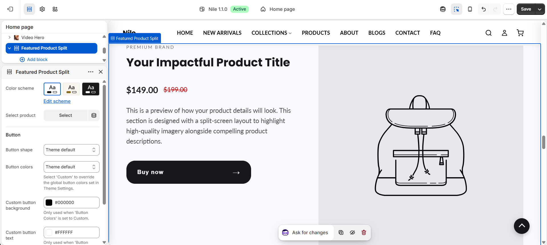 Featured Product Split section settings - product, color scheme and button shape/colors
