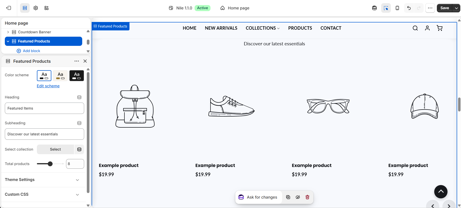 Featured Products section settings - heading, collection and product count