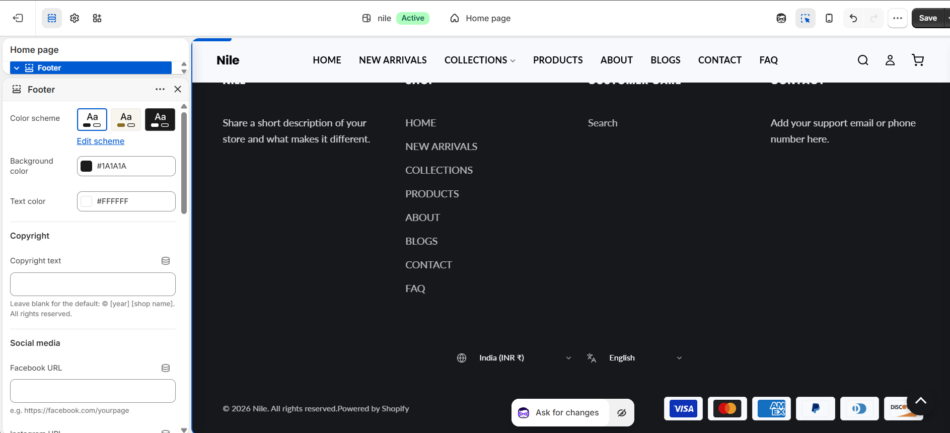 Footer settings (1 of 2) - copyright and social media links
