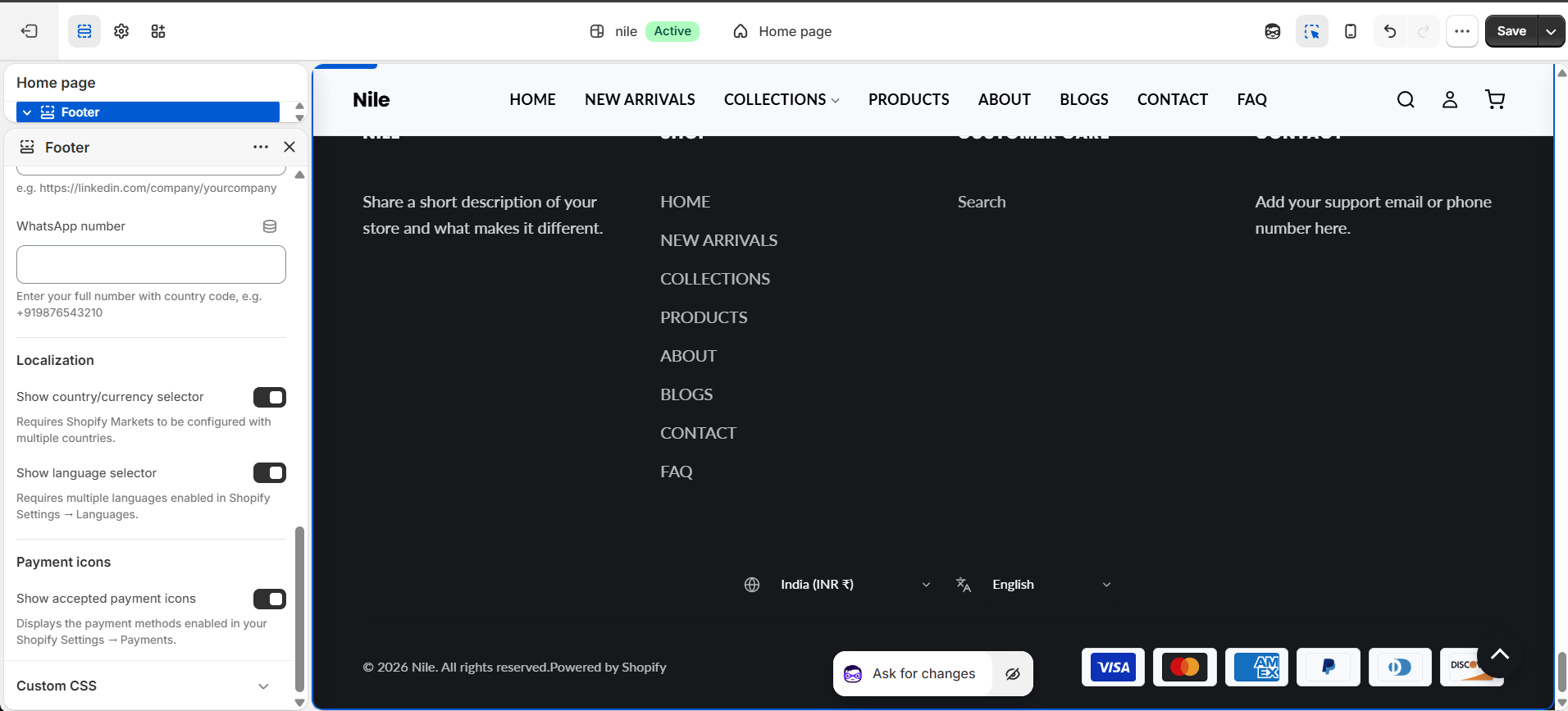 Footer settings (2 of 2) - localization and payment icons