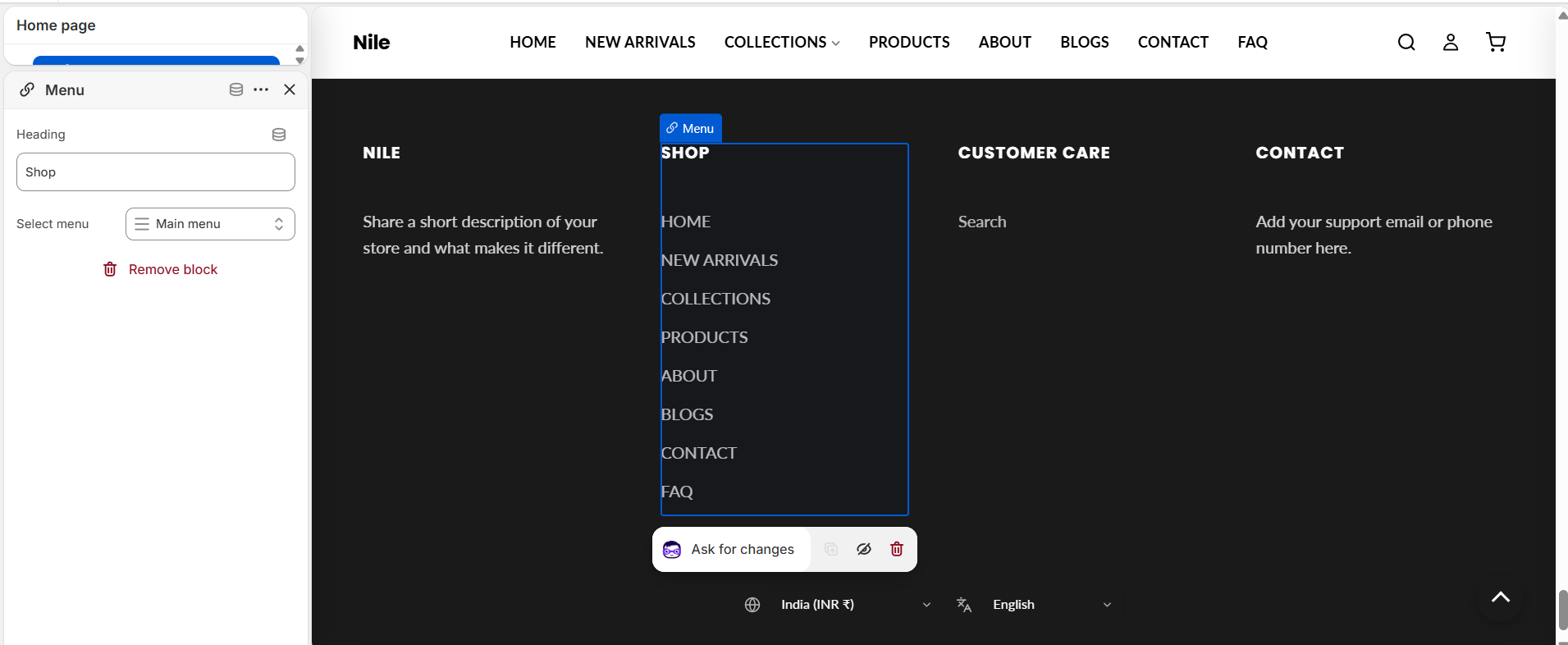 Menu block - column heading and the navigation menu to display