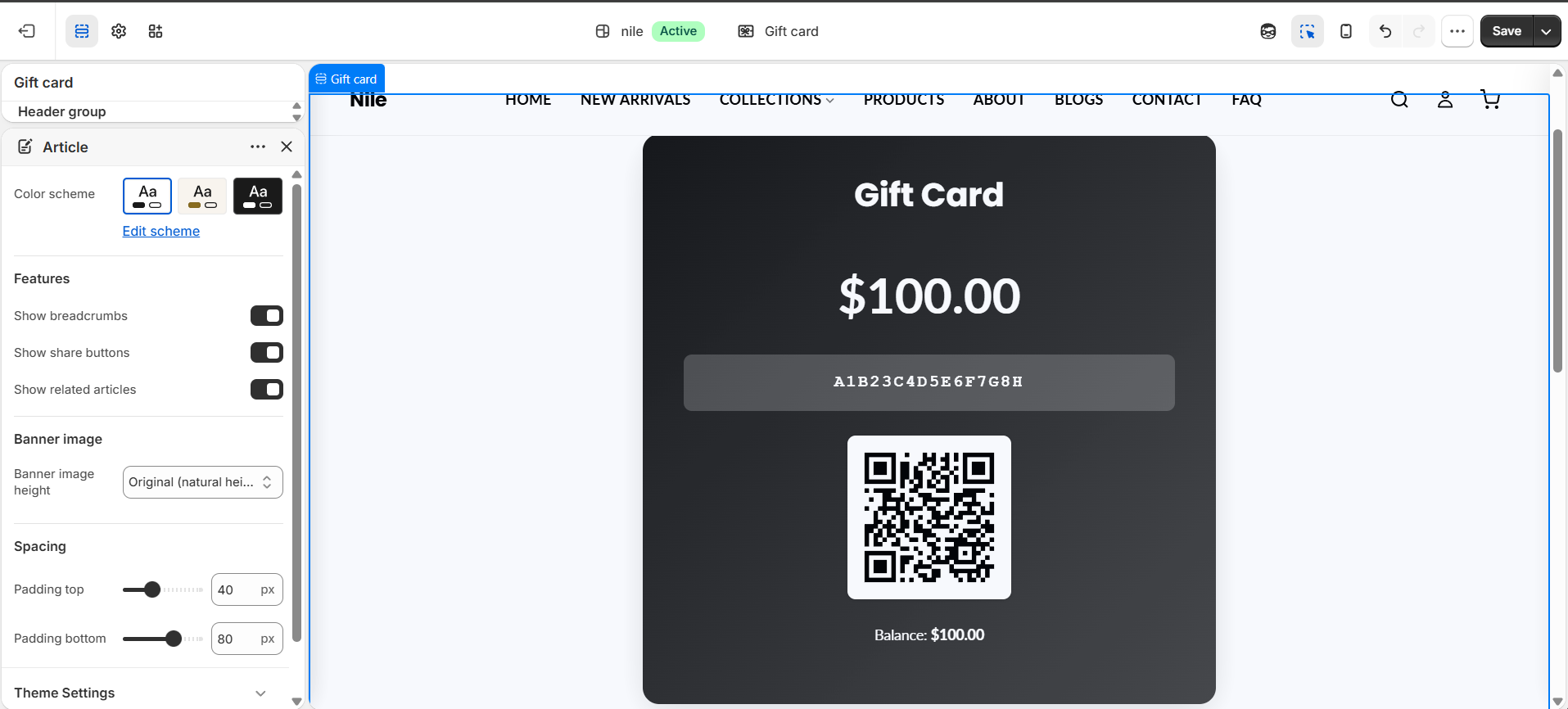 Gift Card section settings - QR code, expiry, balance and action buttons