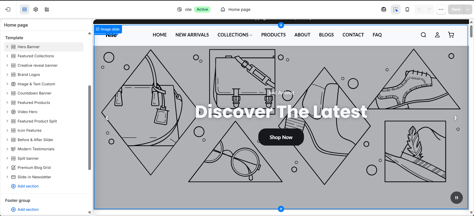 Home page template in the theme editor - the full stack of 15 homepage sections