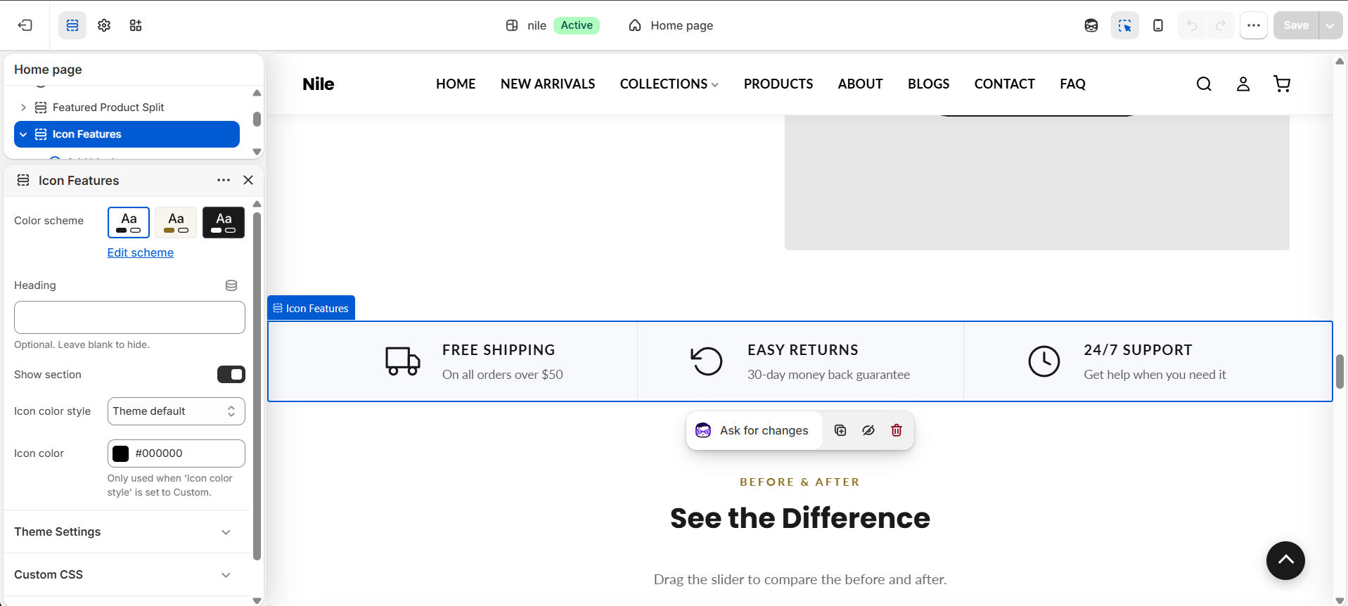 Icon Features section settings - heading, show section and icon color (badges are built from Feature blocks below)