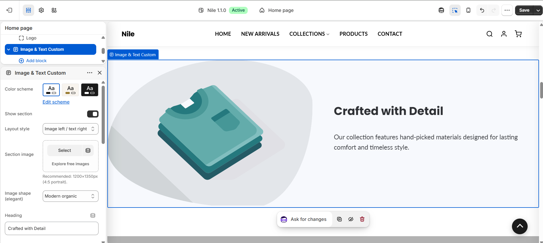 Image with Text section settings - layout, image, heading, paragraph and button