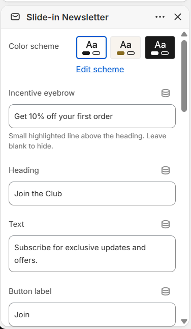 Slide-in Newsletter Popup settings (1 of 2) - content, success message and trigger