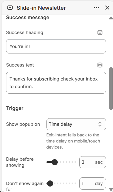 Slide-in Newsletter Popup settings (2 of 2) - image, position and button shape/colors