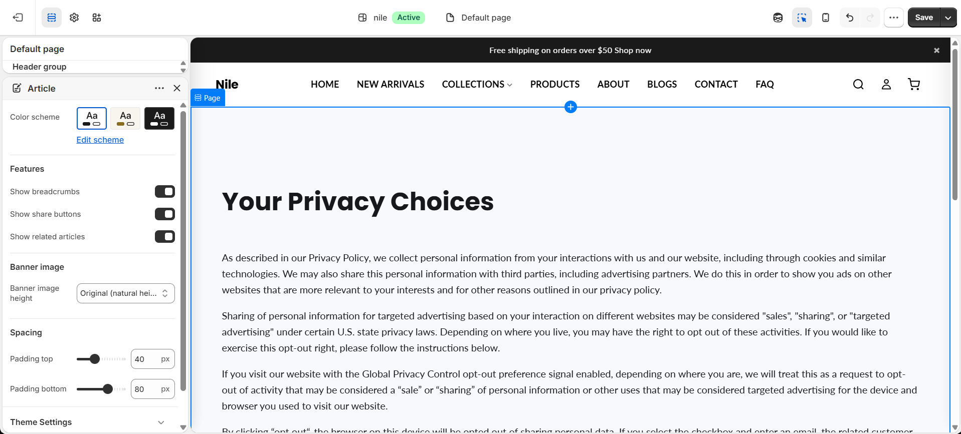 Page section in the theme editor - color scheme setting for the page layout