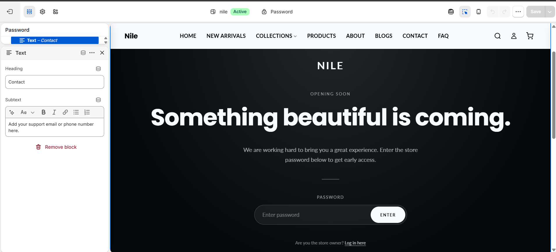 Password Page section settings - logo, heading, message and background image