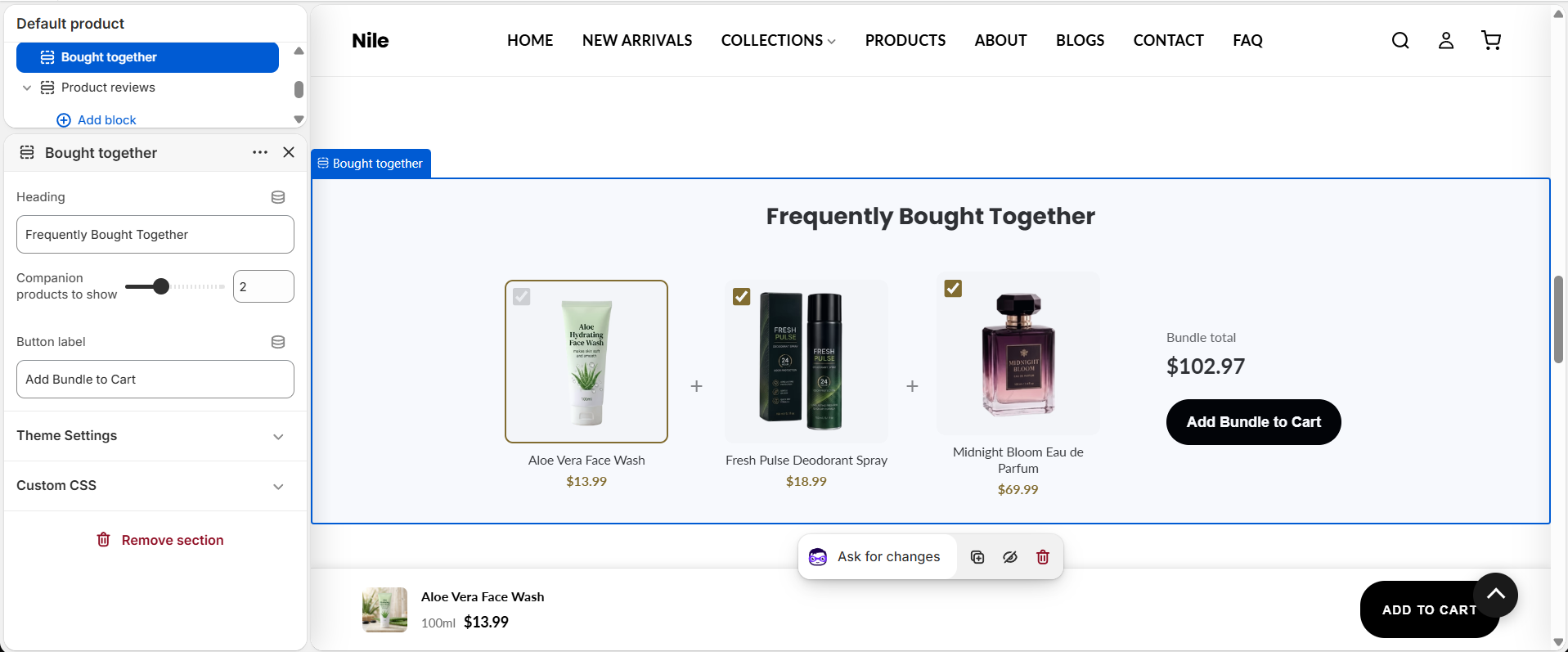 Product Bundles section settings - heading, companion count and button label